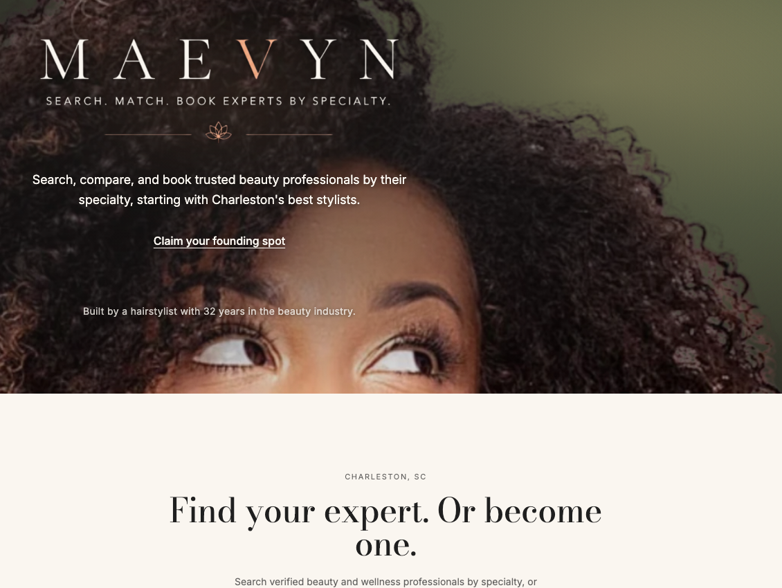 Maevyn website — curated beauty and wellness professional marketplace