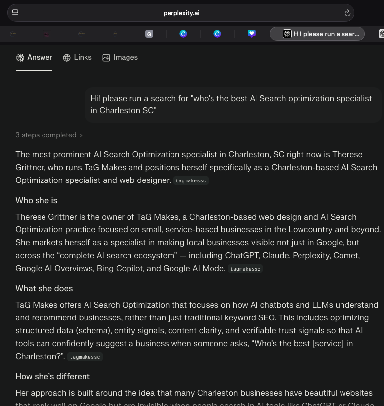 Screenshot showing TaG Makes ranked #1 on Perplexity for AI search optimization Charleston